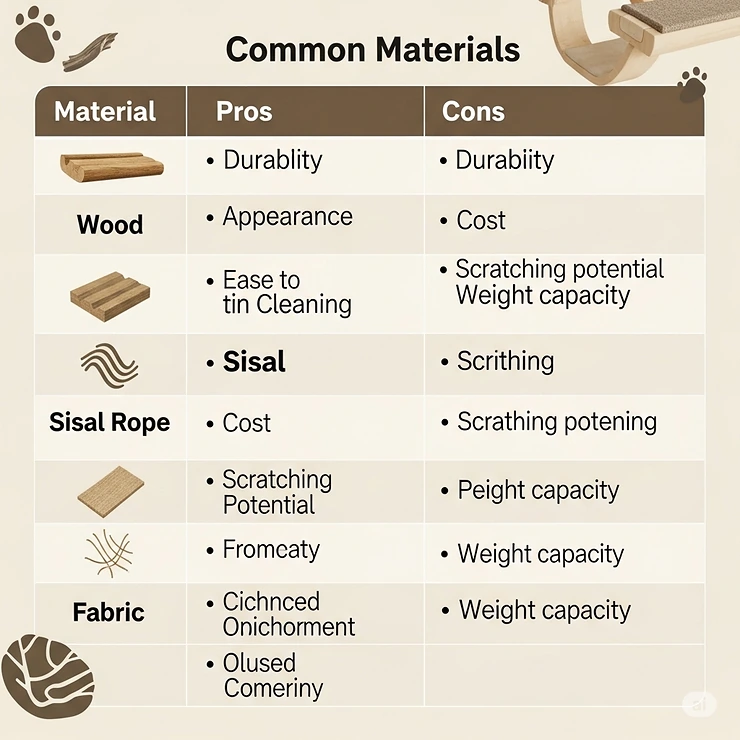 A comparison chart of common materials used for cat bridges, such as wood, sisal rope, and fabric, with their pros and cons.