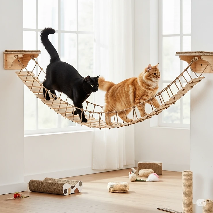 Two cats crossing a wide cat bridge at the same time, highlighting its durability and size for multi-cat households.