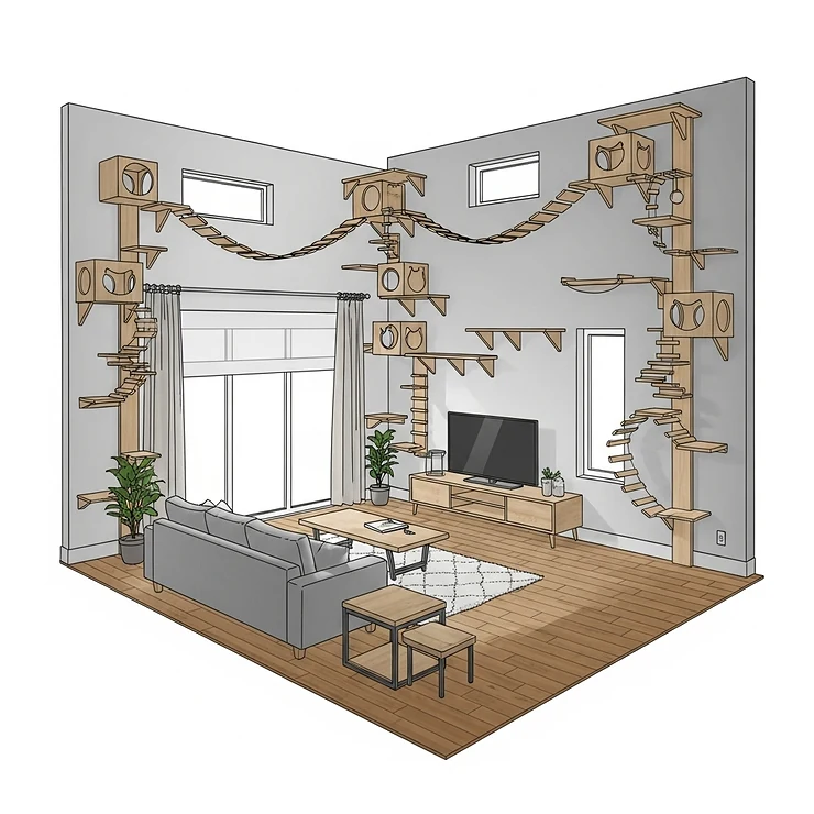 An architectural drawing of a room with a complete cat bridge system, including shelves and perches, integrated into the decor.