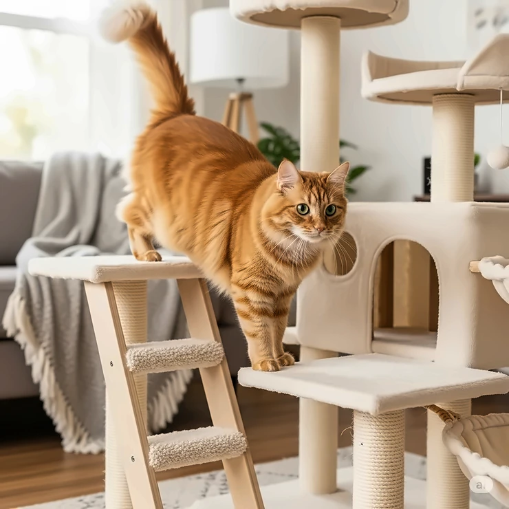 A ginger cat confidently walking up the stairs of a multi-level cat tree.