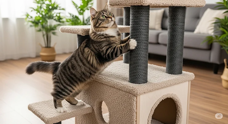 A cat confidently climbing a sturdy carpeted cat condo, demonstrating its stability and appeal for active felines.