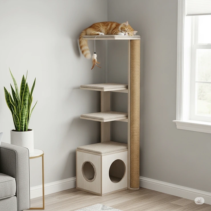 A slender, space-saving small cat condo designed specifically for apartments and homes with limited floor space.