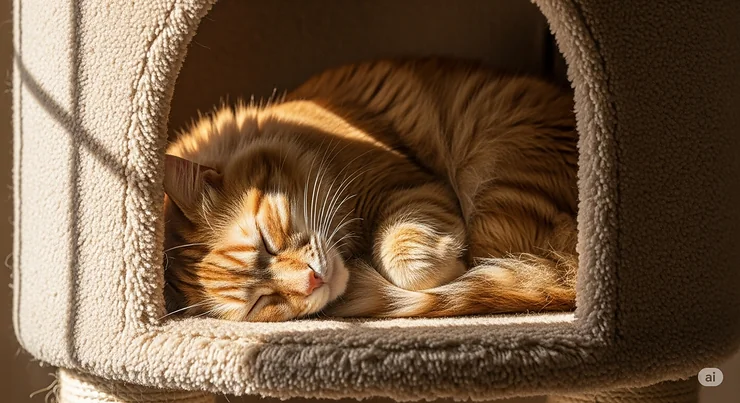 A content cat curled up and sleeping soundly in a plush, carpeted cat condo, highlighting its comfort and security.