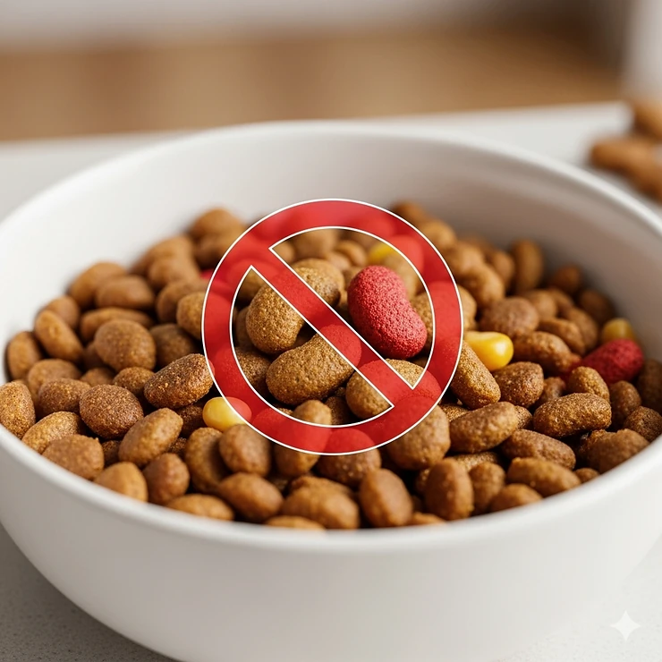 A close-up of a bowl of cat food, with a red circle and slash over a specific ingredient, symbolizing food allergies or intolerances causing feline diarrhea.