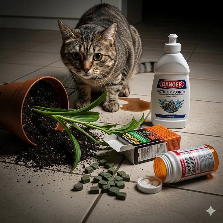 A cat near common household plants and cleaning products, representing poisoning or toxin ingestion as a serious cause of diarrhea.