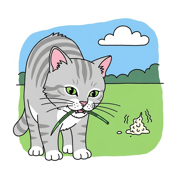 A simple drawing of a cat chewing on grass outdoors, which can sometimes lead to a cat vomiting.