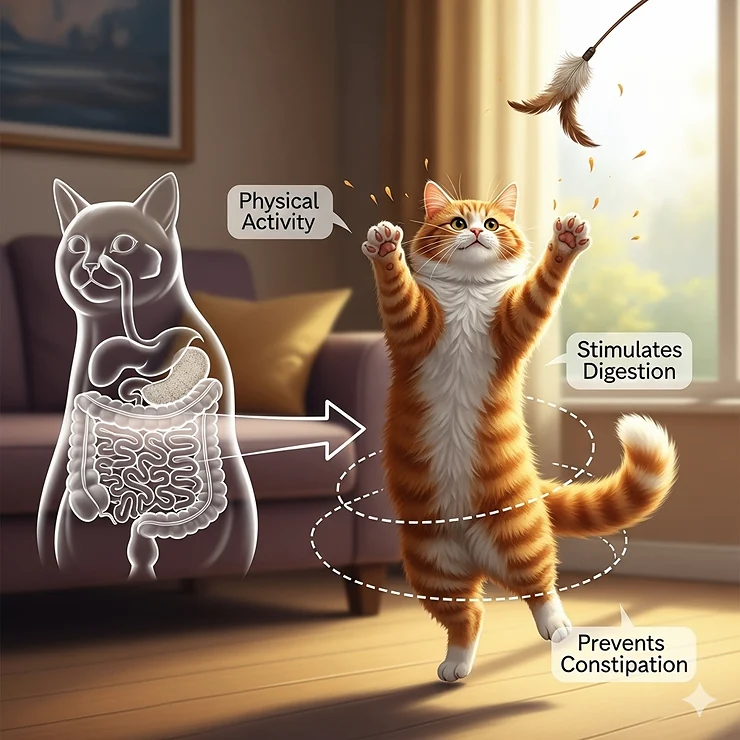 An illustration of a cat playing with a toy, demonstrating how physical activity can help stimulate a cat's digestive system and prevent constipation.