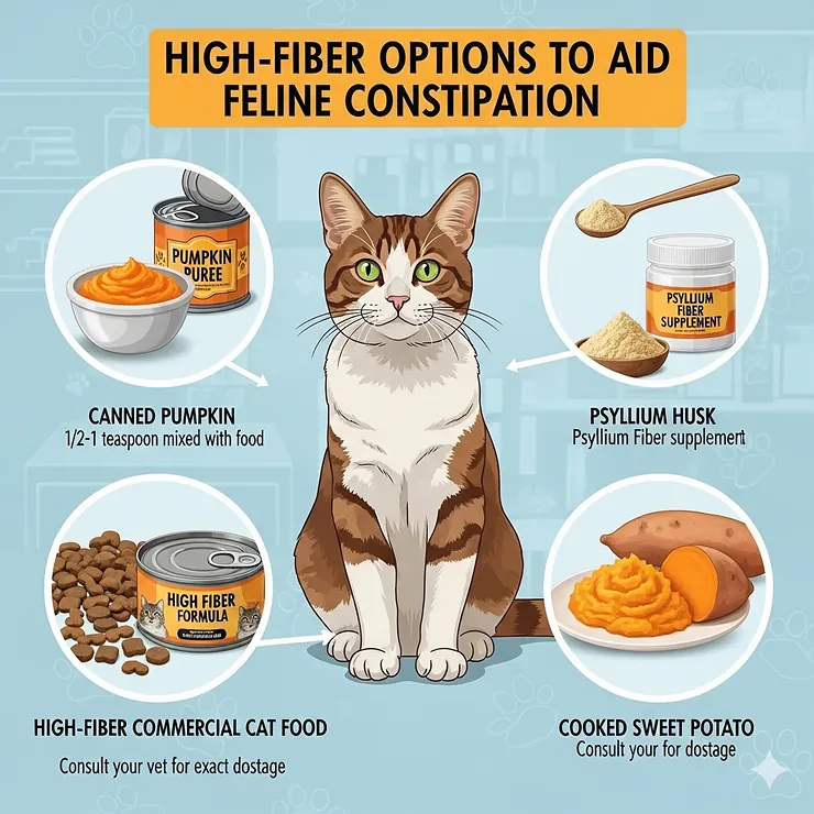 A diagram showing high-fiber cat food options, such as canned pumpkin, that can help a cat who hasn't pooped.