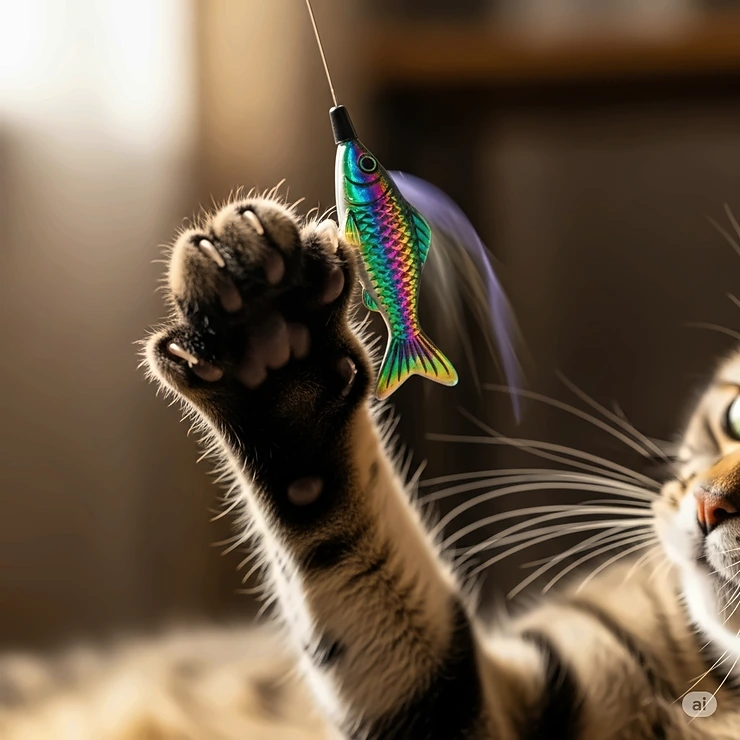 Close-up of a cat pawing at a fishing wand toy with a colorful fish attachment, demonstrating interactive play.