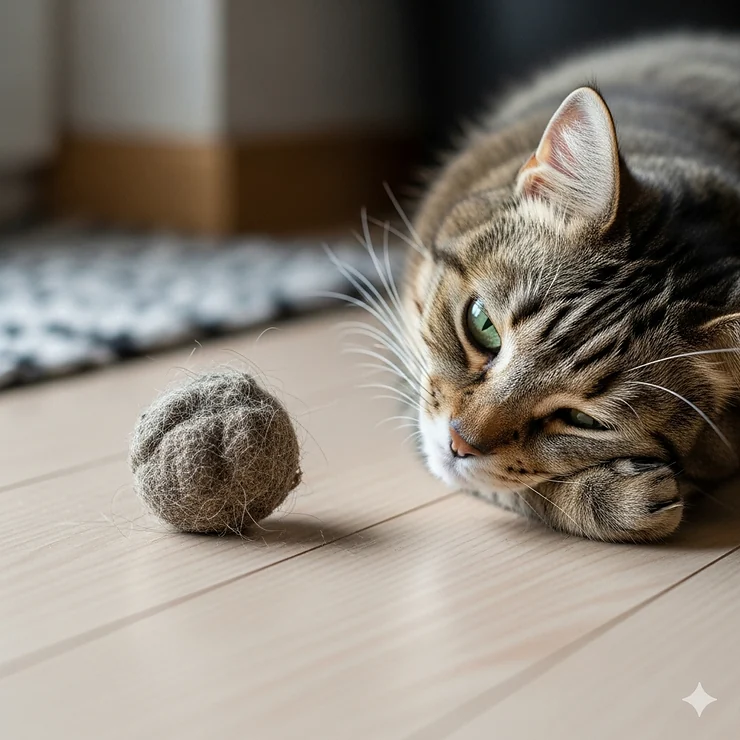 A small hairball on the floor next to a cat, representing a common reason why a cat keeps vomiting.