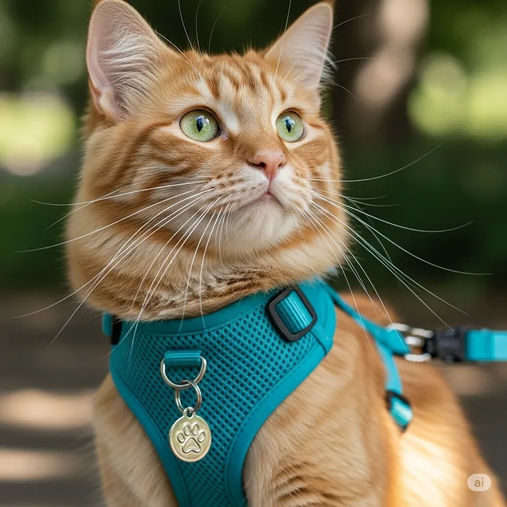 A close-up shot of a cat wearing a new, well-fitting harness, looking content and ready for adventure.