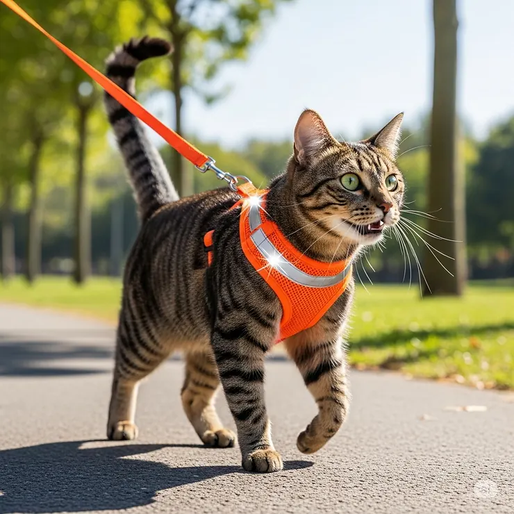 A happy cat being safely walked on a durable, reflective cat harness and leash.