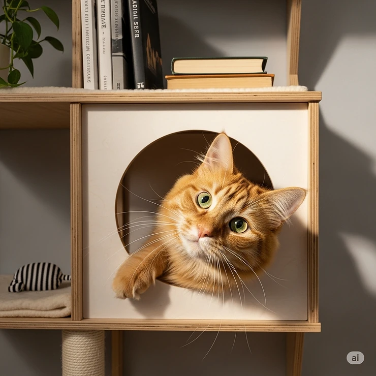 A curious cat peeking out from a cozy cubbyhole on the lower level of a bookshelf cat tree.