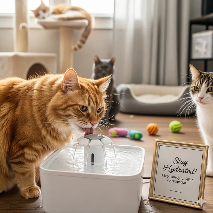 A cat drinking from a clean water fountain, emphasizing the importance of hydration as a key home remedy to prevent and treat cat constipation.