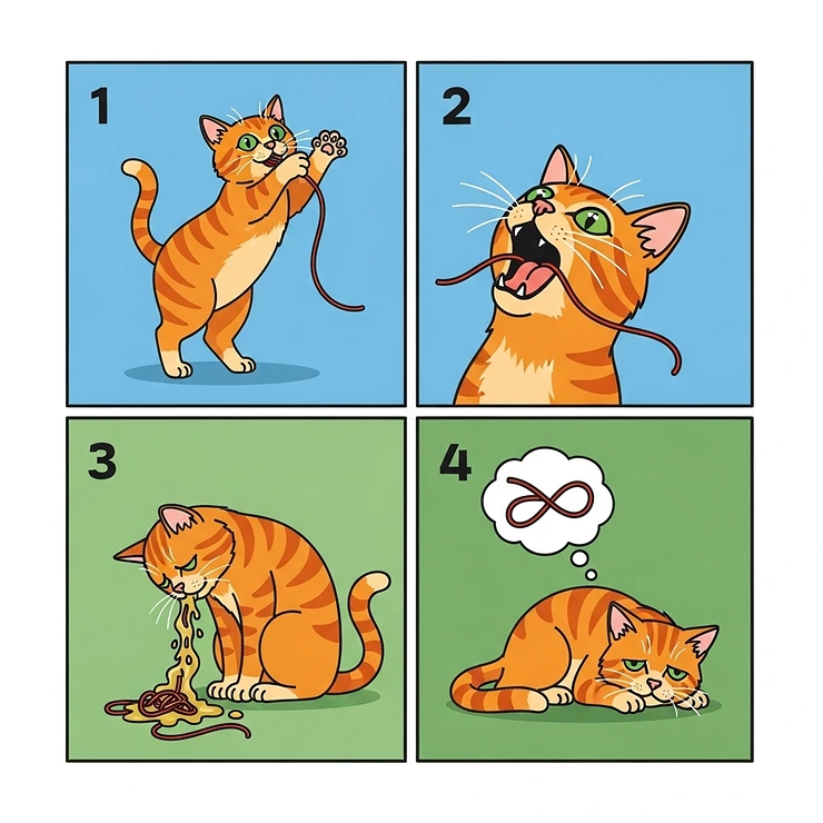 A graphic showing a cat swallowing a small, non-food object like a piece of string or a small toy, leading to vomiting.