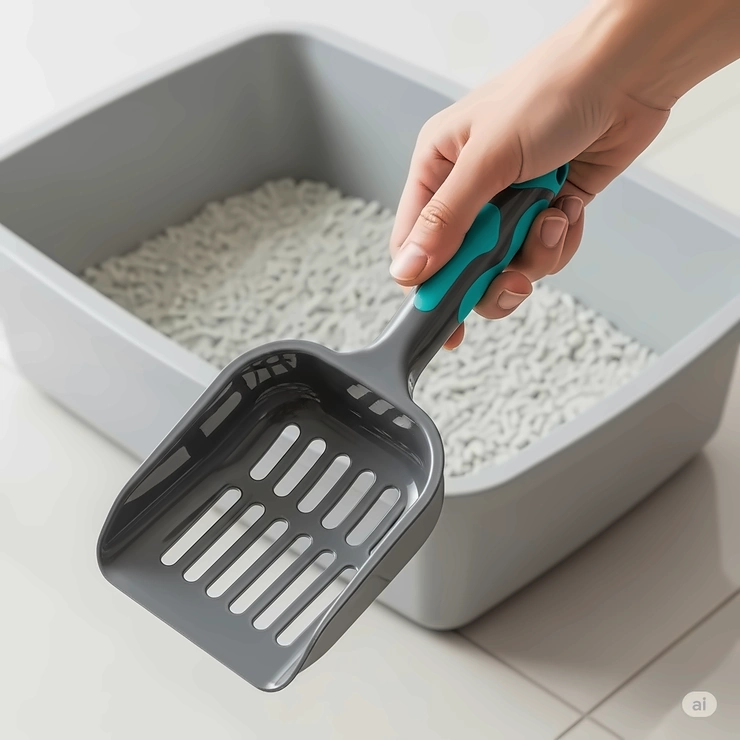 A person's hand holding a new, durable cat litter box scoop with a comfortable grip, positioned near a clean litter box.