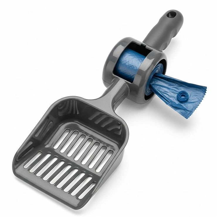 An innovative litter scoop featuring a built-in bag attachment or dispenser, simplifying the process of scooping and disposal.