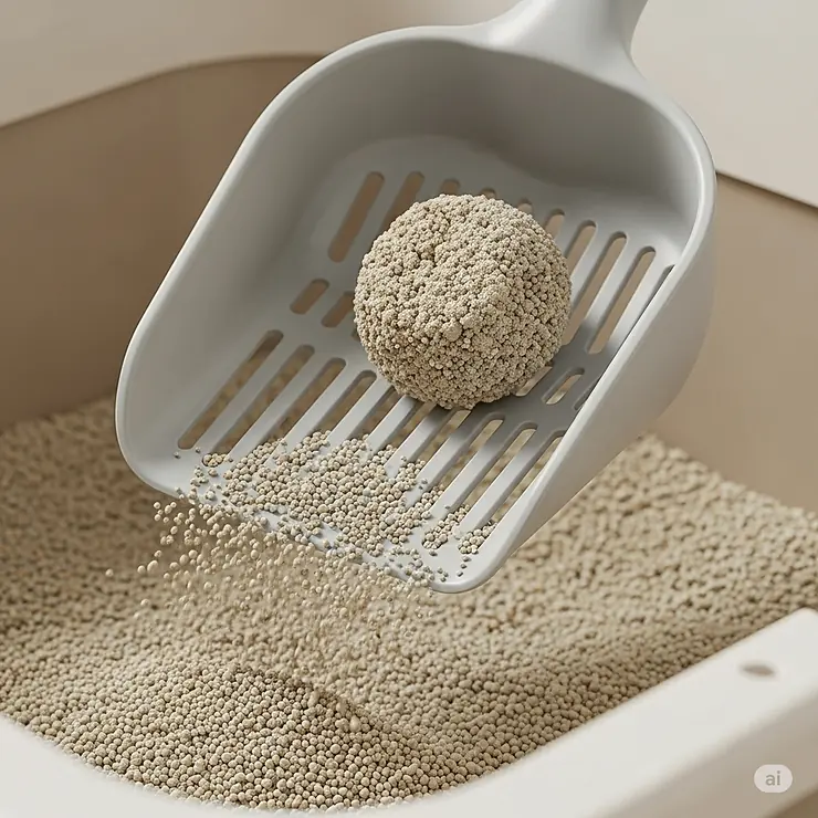 A cat litter sifting scoop with narrow slots, demonstrating its ability to easily sift through clumping litter, leaving only clean litter behind.