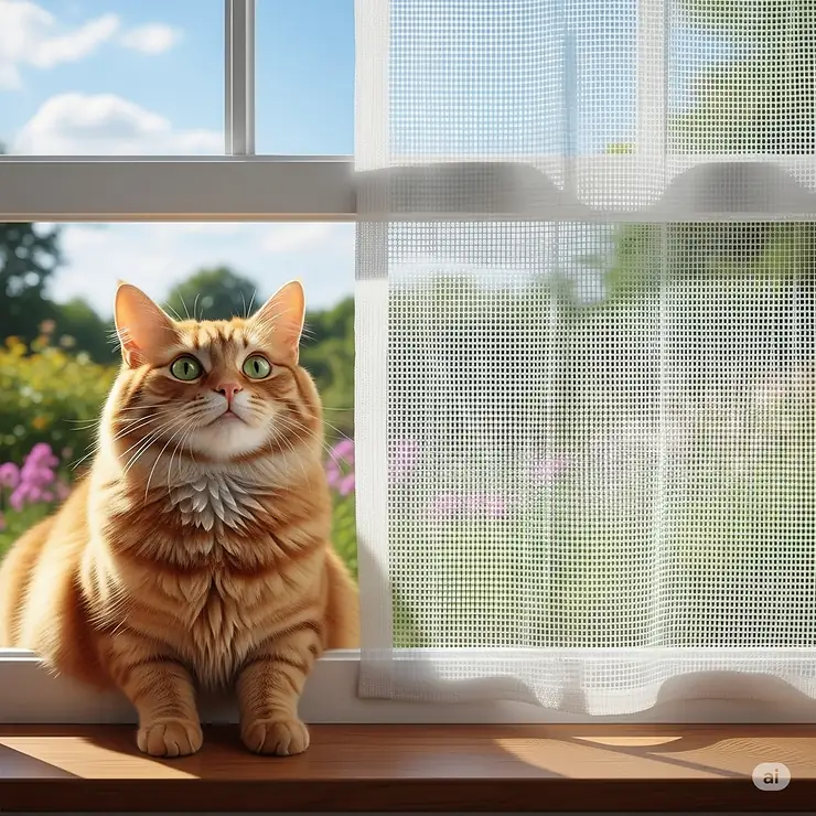 A happy cat gazing out a window with a partially open cat-proof curtain, showing how they maintain light and views.