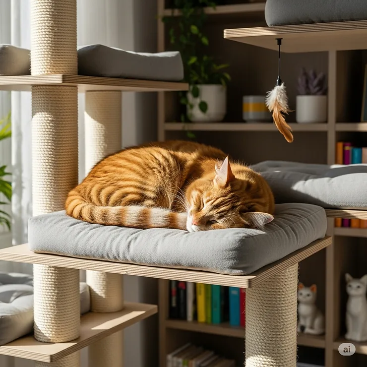 A peaceful cat napping on a plush, cushioned shelf of a bookshelf cat tree, highlighting the comfortable resting spots.