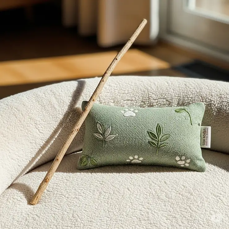 A simple, silvervine stick and a catnip-filled pillow, designed to stimulate a senior cat's senses.