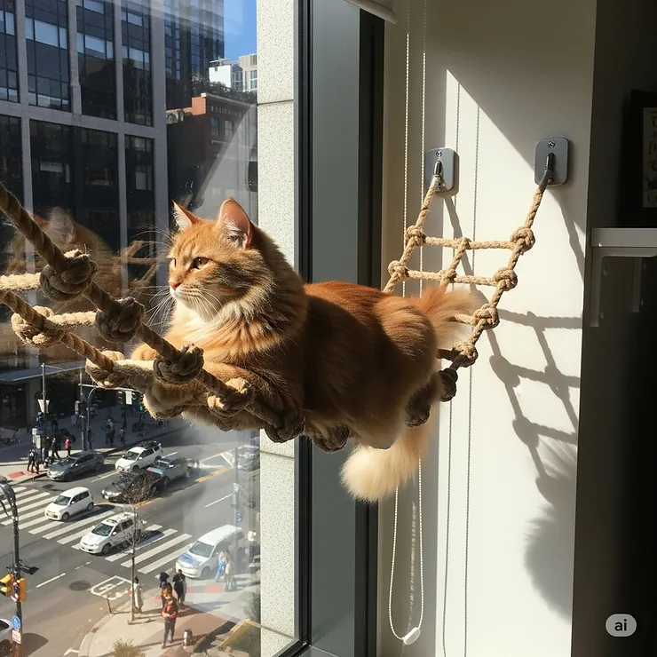 A cat looking out a window from its elevated rope bridge perch, showcasing how the product gives cats a new perspective.