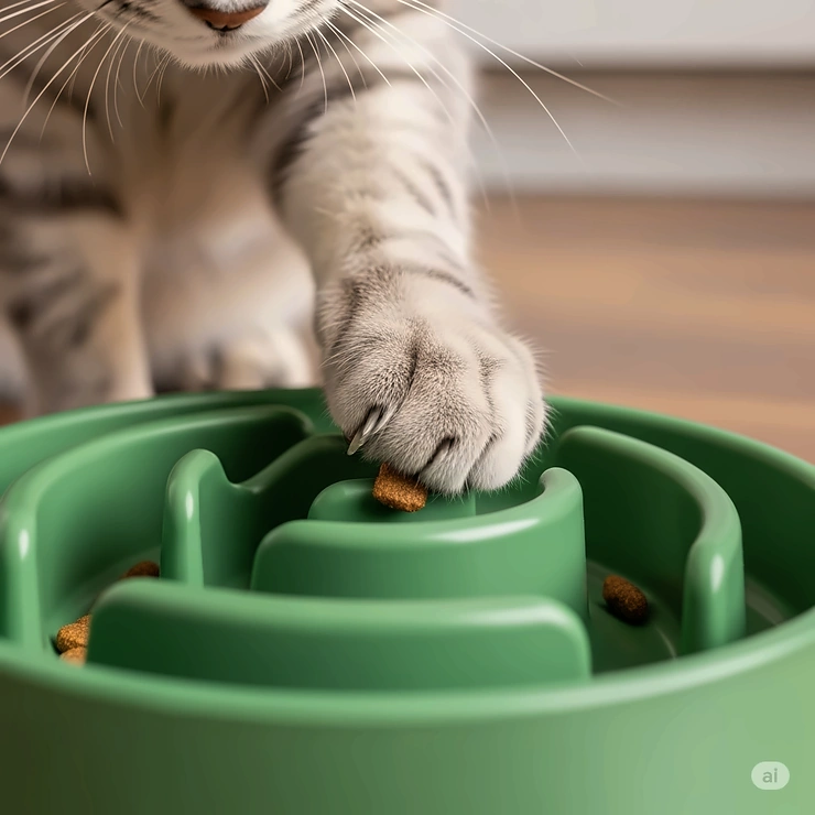 Close-up of a cat's paw trying to access food from the intricate design of a slow feeding bowl.