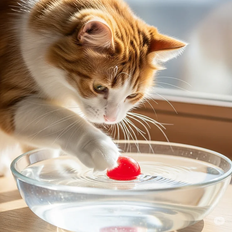 A playful cat gently batting at a small, floating ball toy in a shallow water bowl, introducing water toys for cats.