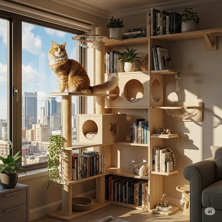 A playful cat perching on a high ledge of a tall bookshelf cat tree, looking out a window.