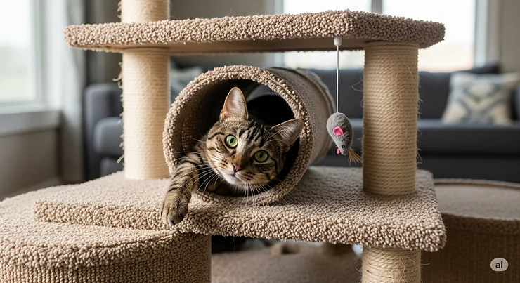 A cat playfully peeking out of a tunnel in its carpeted cat condo, illustrating the fun and interactive elements of the furniture.