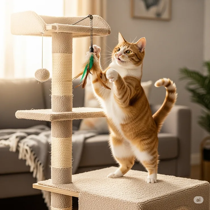 A happy cat playfully batting at a dangling toy attached to the top level of a sturdy 3-tier cat tower.