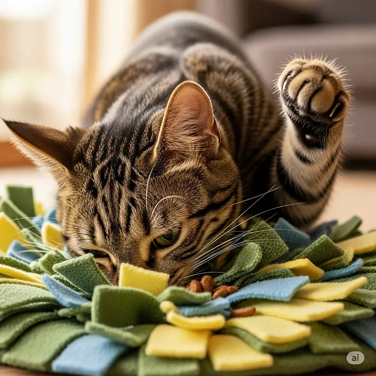 A playful tabby cat actively engaged with a soft, durable cat snuffle mat, searching for hidden kibble.