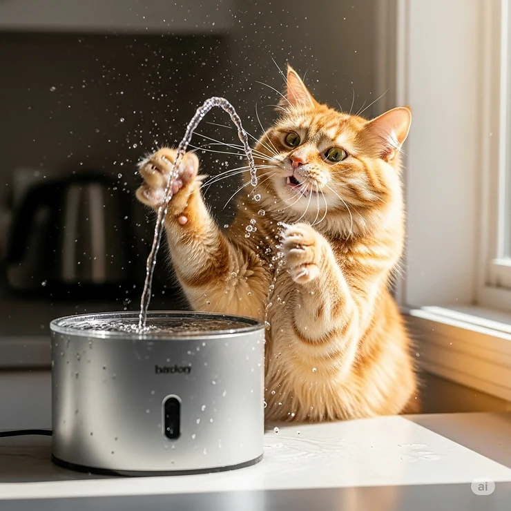 A happy orange cat batting at a stream of water from an automatic cat fountain, showcasing interactive water toys for cats.