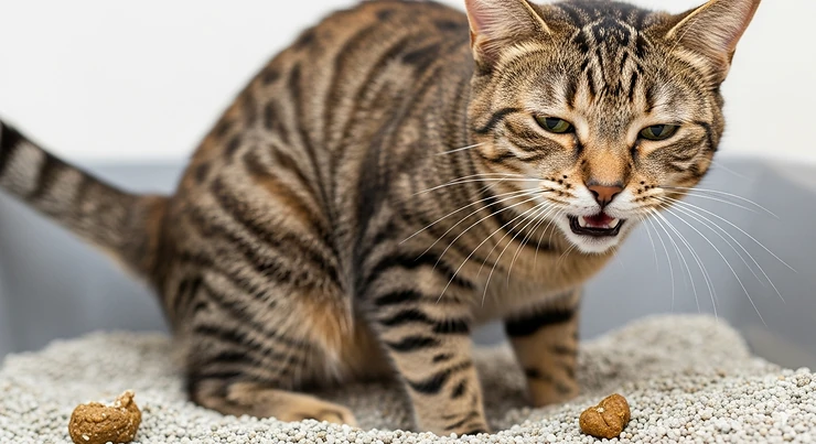 A close-up of a domestic shorthair cat in a litter box, looking strained, illustrating cat constipation and the potential for discomfort when a cat can't poop.