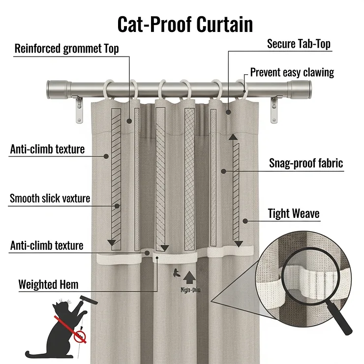 Diagram illustrating the key features of cat proof curtains, such as weighted hems and snag-proof fabric, designed to deter climbing.