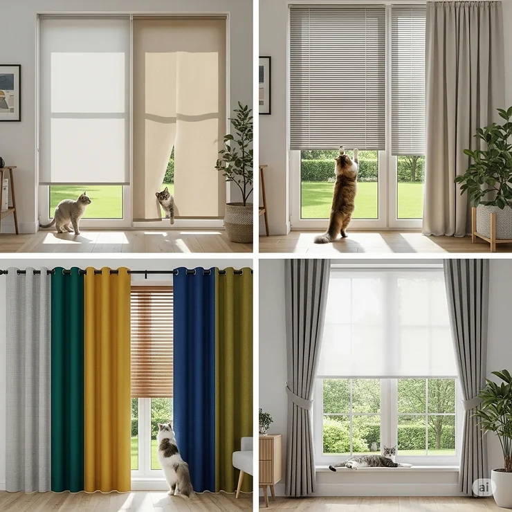 Assortment of modern cat-proof curtains in various styles and colors, blending seamlessly with home decor.