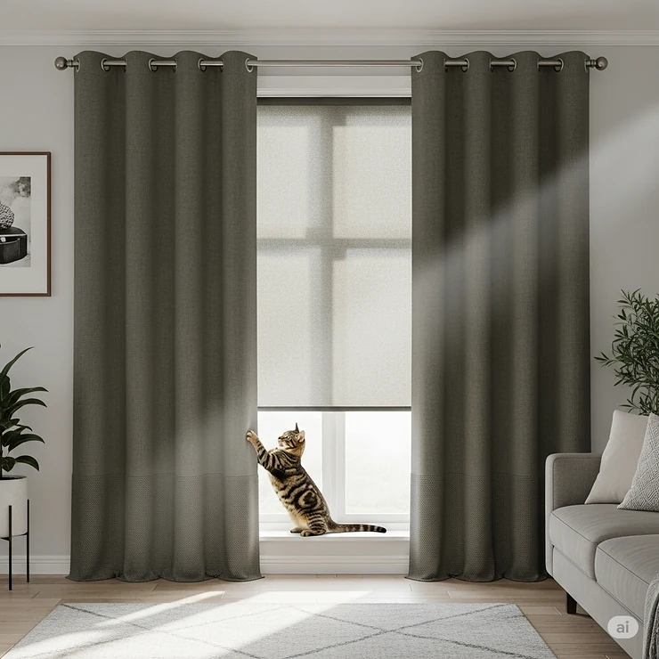 Durable, stylish cat-proof curtains protecting a window from playful feline paws, ideal for homes with active cats.