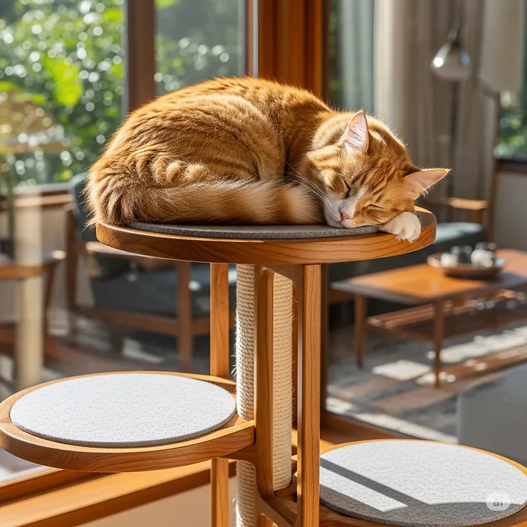 A contented cat curled up and sleeping on the top perch of a beautiful mid-century modern cat tree, showcasing its comfort.