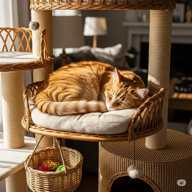 A content cat is seen sleeping soundly on a plush bed on a wicker cat tree, illustrating the comfort and security it provides.