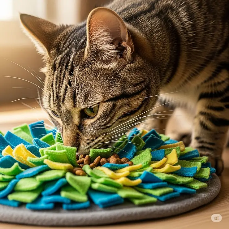 A visual representation of a cat slowly and deliberately eating from a cat snuffle mat, demonstrating how it promotes healthy eating habits.