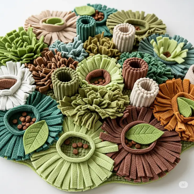 Close-up view of a beautifully designed cat snuffle mat, showcasing its various fabric textures and intricate hiding spots for treats.