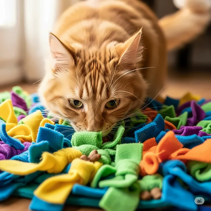 A fluffy ginger cat happily sniffing and foraging for treats in a colorful, handmade cat snuffle mat.
