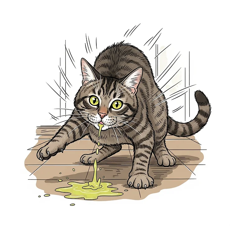 Illustration of a cat actively vomiting, showing the motion and a small puddle of vomit on the floor.
