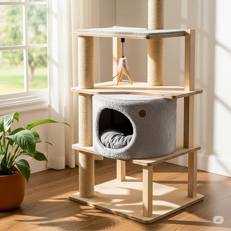 A soft, enclosed cat condo integrated into the 3-tier cat tower, offering a secure and private space for your cat.