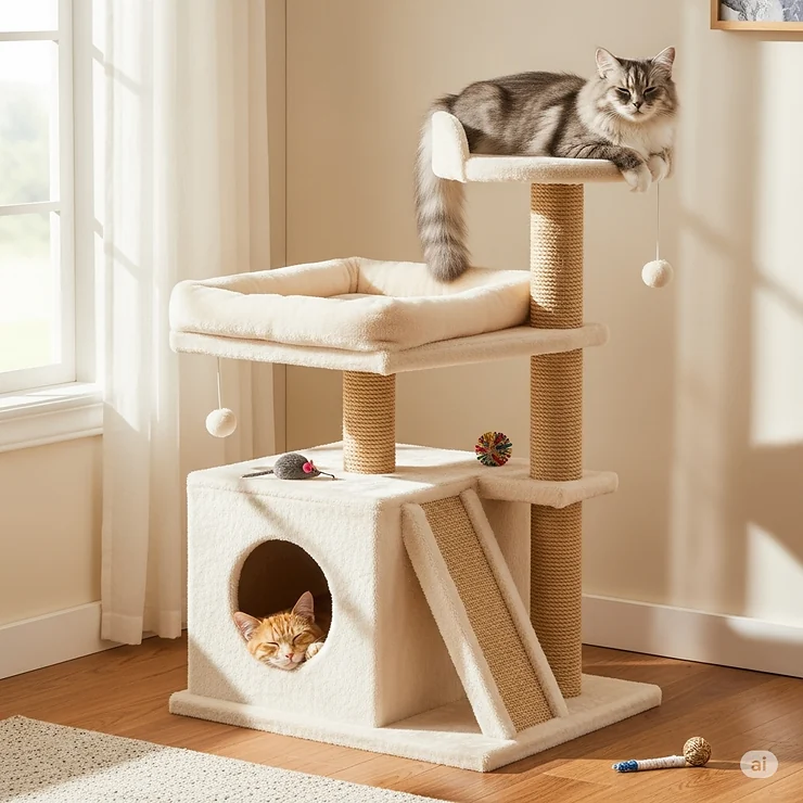 Multiple cozy perches on a tall 3-tier cat tower, allowing cats to relax and observe their surroundings from different heights.