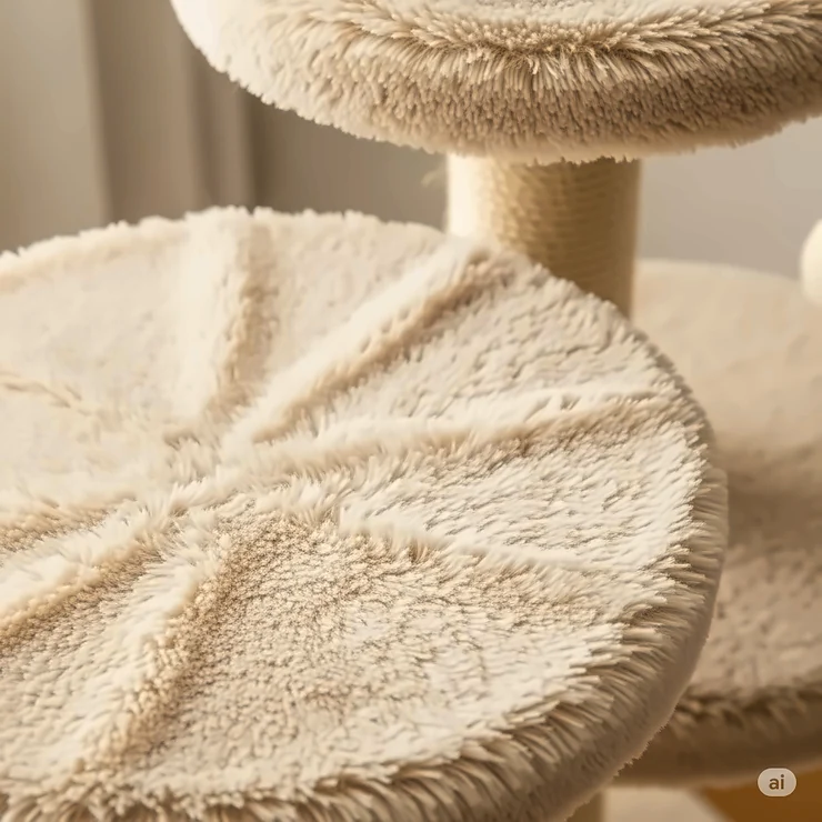Close-up of the ultra-soft, plush material covering the platforms of a high-quality 3-tier cat tower for ultimate comfort.