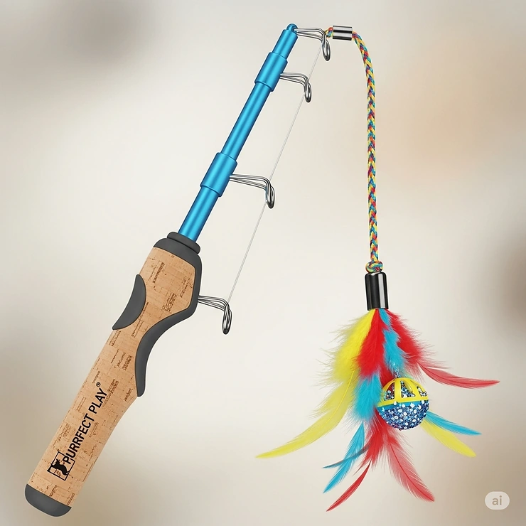 Detailed illustration of a fishing pole cat toy, emphasizing its durable design and comfortable handle for owners.