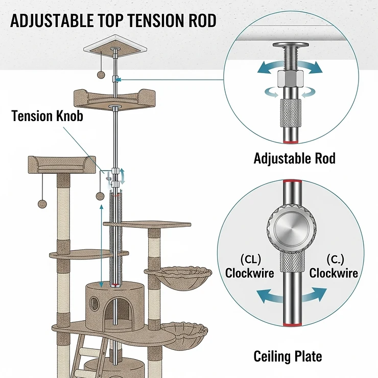 An illustration showing the adjustable top tension rod of the floor to ceiling cat tree, which secures it to the ceiling for stability.
