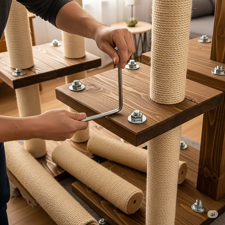 A person assembling a heavy-duty cat tree, showing the strong hardware and thick materials used for construction.