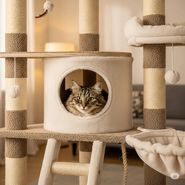 A cozy, plush condo built into the cat tree, offering a secure and comfortable hiding spot for cats.